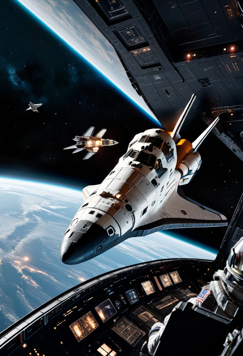 (Space War), sci-fi style, two massive interstellar fleets fiercely engage in a firefight on the planet's orbit, with laser beams and explosions piercing through the dark space. The exploding flames reflect the details of the battleship's steel shell, with a background of starry sky and planets, (panoramic view), award-winning, cinematic still, emotional, vignette, dynamic, vivid, (masterpiece, best quality, Professional, perfect composition, very aesthetic, absurdres, ultra-detailed, intricate details:1.3)