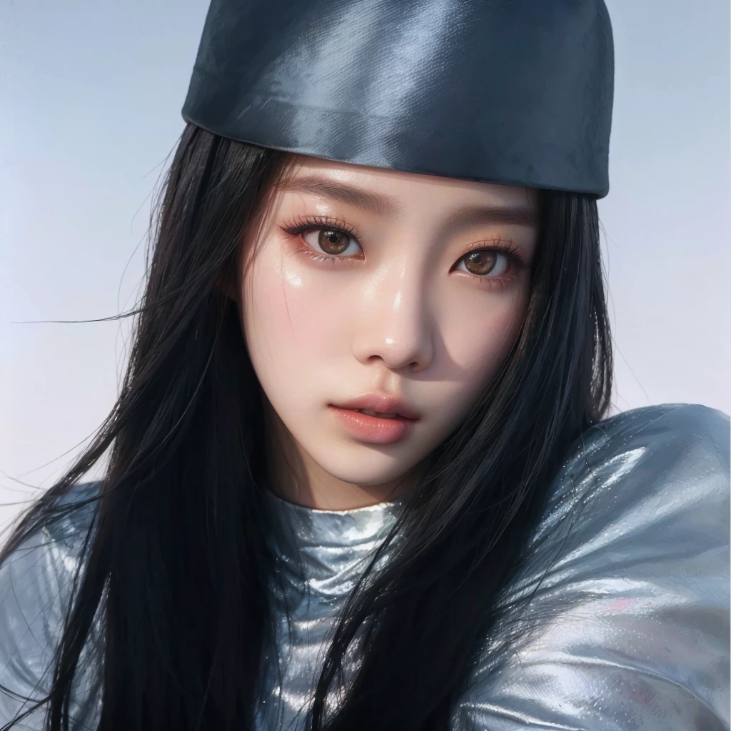arafed woman with long hair wearing a silver top and a hat, inspired by Yanjun Cheng, portrait jisoo blackpink, realistic. cheng yi, artwork in the style of guweiz, portrait of jossi of blackpink, ig model | artgerm, photorealistic artstyle, inspired by Russell Dongjun Lu, glossy digital painting, yanjun chengt , , blackpink jennie , blackpink Lisa , asian famale face , cute girl , Korean famale