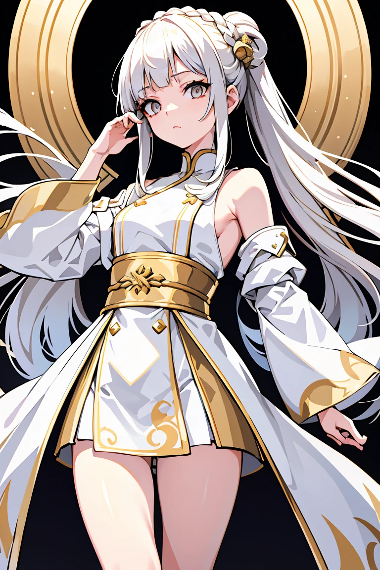 Best Quality, Masterpiece,by white, gold eyes,White clothes, seeking out, Upper part of the body,lock of hair,White skin,side braids