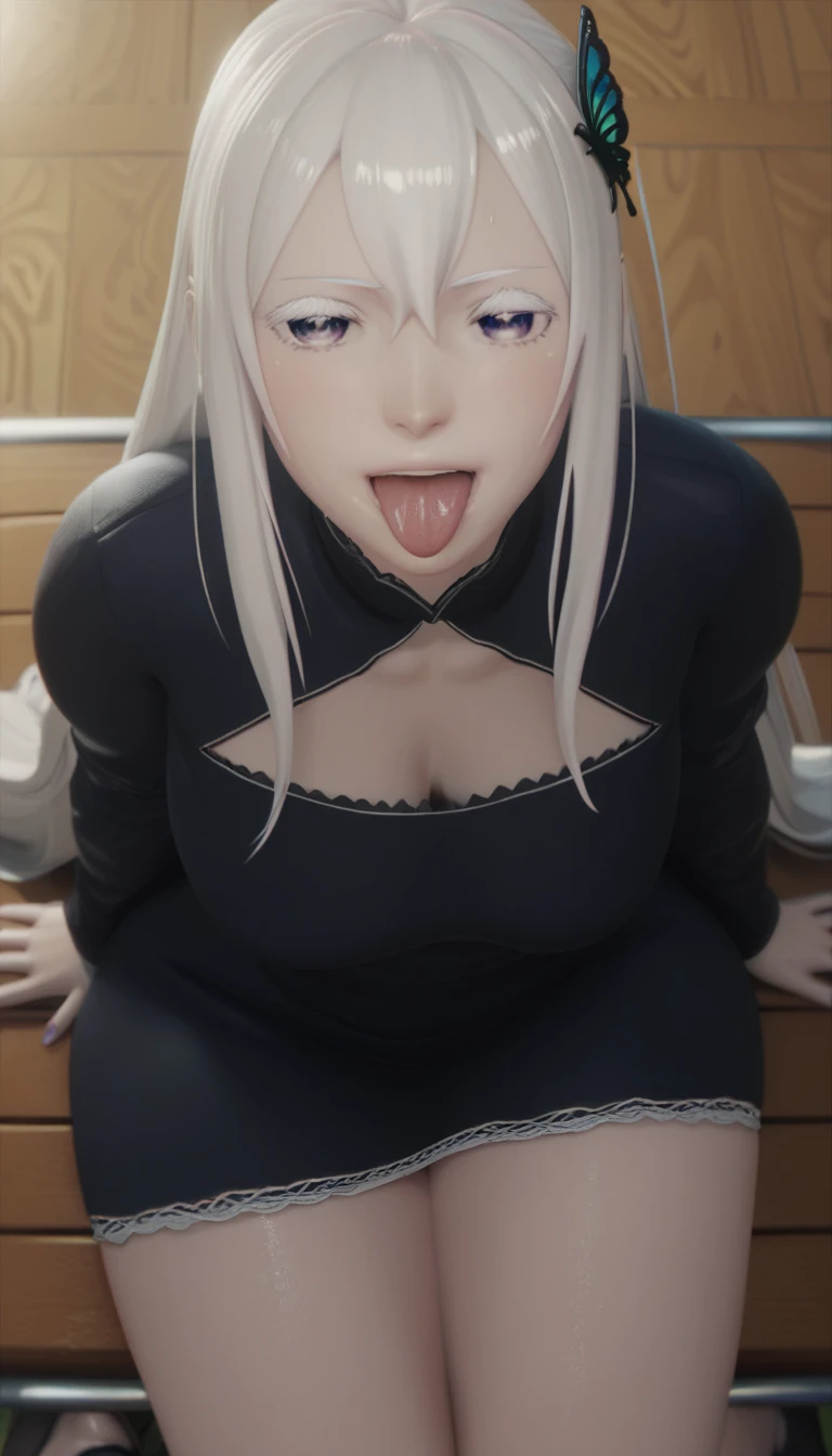 score_9, score_8_up, score_7_up, score_6_up, uncensored, Echidia, absurdly long hair, purple eyes, silver hair, colored eyelashes, very long hair, butterfly hair ornament, BREAK (masterpiece:1.2), best quality, high resolution, (detailed eyes:1.3), perfect lighting, (perfect hands, perfect anatomy), 3d, happy, tongue out, drooling, saliva, sweating, steaming face, (facing viewer), simple background, sitting on a bench, (cinematic), large breasts, black dress,