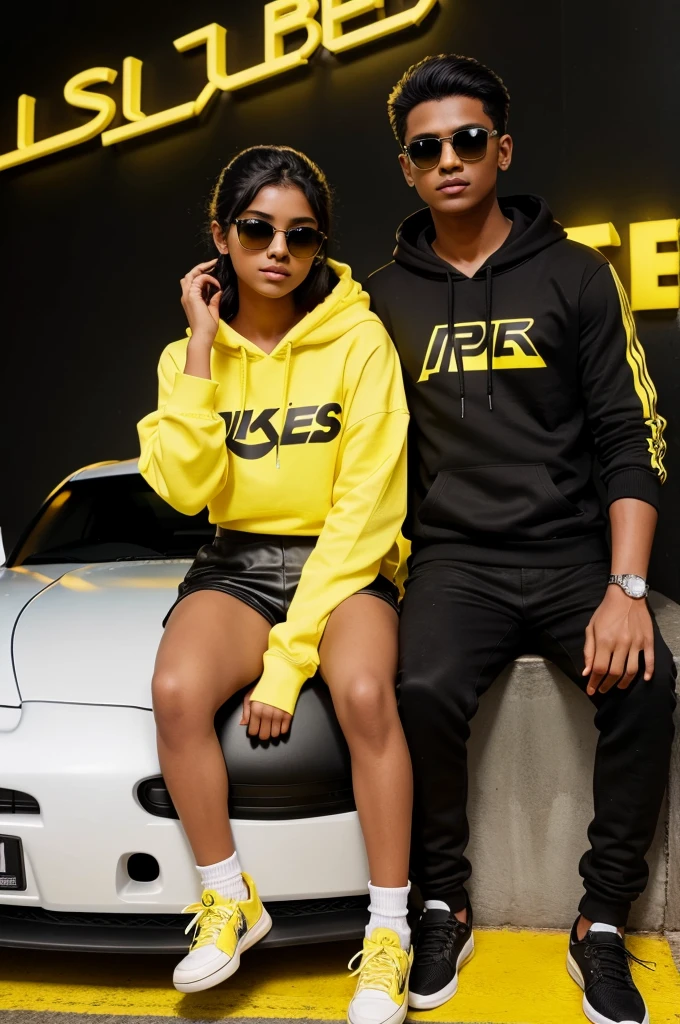 Create a 3D illusion for a profile picture where a 18 year old cute boy and a 18 year old black wearing a yellow saree and the boy in a black hoodie sitting casually on a white Toyota Supra car. Wearing sneakers and sunglasses, he looks ahead. "Mujeeb Amreen" is written in big and bold yellow neon light font on the dark brown wall in the background. And he has wings which makes him look like an angel.