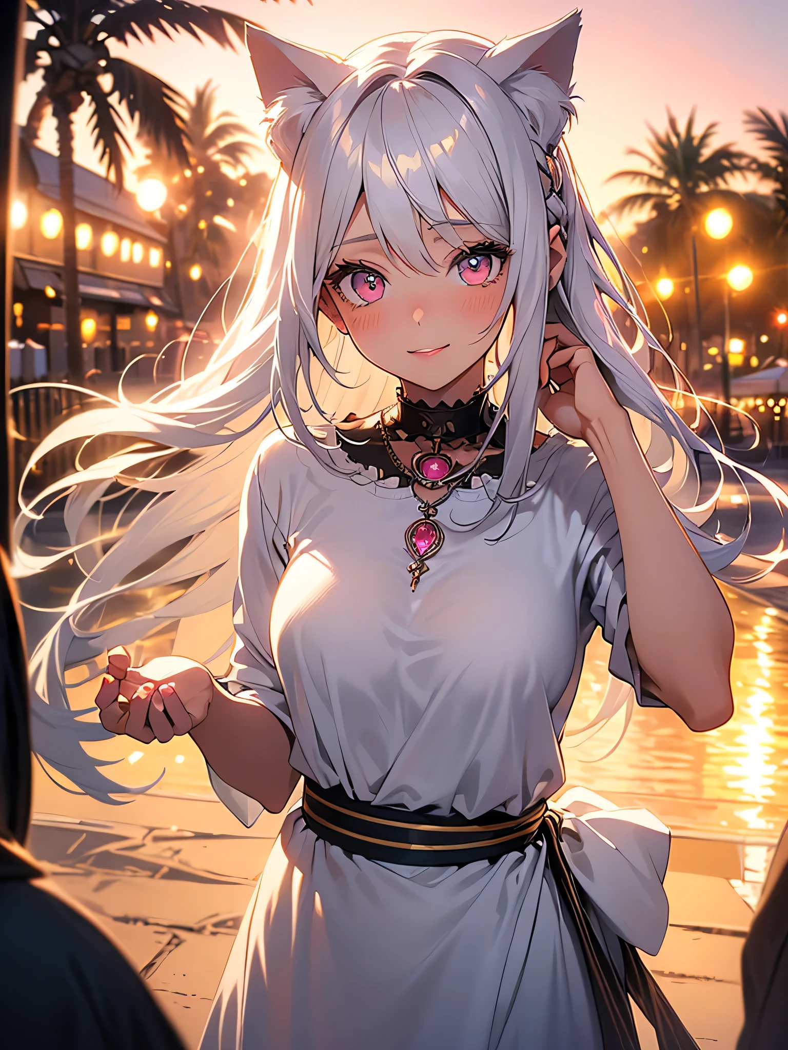 a highly detailed portrait of a pretty girl with medium breasts, a beautiful silver hair, pink eyes, and cat ears, smiling against a sunset beach landscape with an orange, pink, and yellow sky, palm trees swaying, seagulls flying, and a crystal clear sea gently kissing the white sand shore, creating a dynamic and breathtaking yet peaceful atmosphere,beautiful detailed eyes,beautiful detailed lips,extremely detailed eyes and face,longeyelashes,1girl,oil painting,illustration,photography,intricate details,vibrant colors,warm lighting,cinematic,dramatic,serene,calming