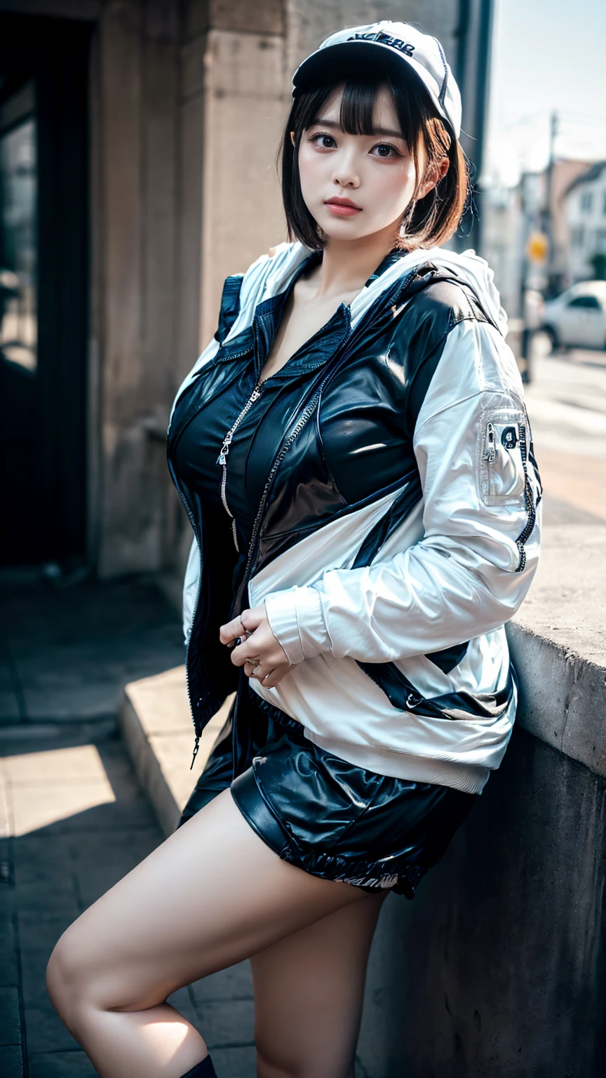 (8K, RAW Photos, Highest quality, masterpiece:1.2), (professional photography, full colors, studio-caliber color grading), (Gravure quality for high-end fashion magazines), close up, BREAK,18 year old girl, (short bob hair:1.1), crying a little, Harajuku style, Big Natural Color Lip, (Plumpy body:1.2), (smooth skin:1.1 (huge breasts:1.1 BREAK detailed cloth texture, break, (A tight polo shirt that expresses the roundness and softness of your chest.:1.2), (tight skirt:1.1), (black apron:1.2), BREAK (black and White theme:1.4), (oversized and baggy black outerwear:1.3), (fusion of black windbreaker and White hoodie:1.4), (black Nylon:1.4), ((zipper, large pocket):1.3 BREAK (black and white :1.2 (black platform high-cut sneakers:1.2),(Black leather short pants),(baseball cap), Inorganic concrete studio with windows, highly detailed background, , ultra-realistic textures, dramatic lighting ,raw photo, _(dutch angle and curtsey ,on side:1.2 looking at viewer,