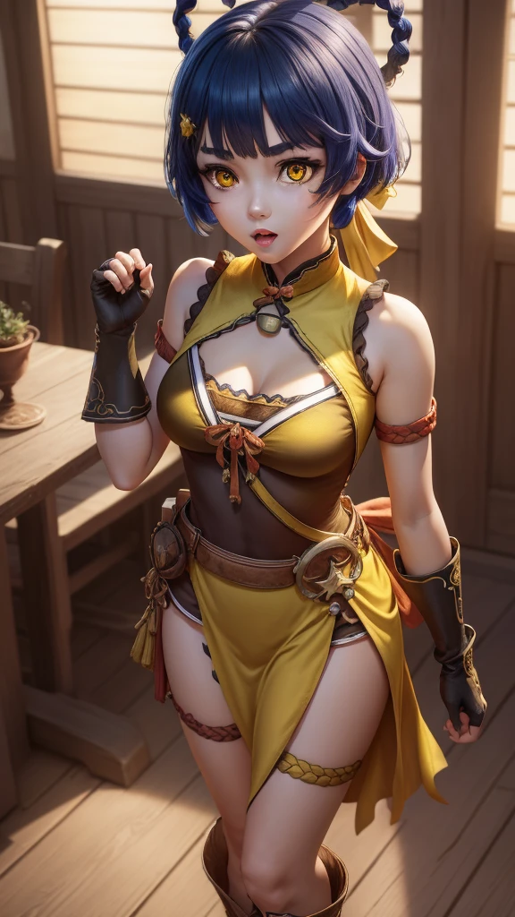 genshinxiangling, xiangling, blue hair, braid, braided hair rings, hair ornament, hair rings, hairclip, (yellow eyes:1.5), (small breasts:1.2), open mouth,
BREAK arm strap, bare shoulders, bell, belt, black footwear, black gloves, boots, brown belt, cleavage, cleavage cutout, clothing cutout, dress, fingerless gloves, gloves, high heels, jingle bell, thigh strap,
BREAK looking at viewer, (cowboy shot:1.5),
BREAK indoors, restaurant,
BREAK (masterpiece:1.2), best quality, high resolution, unity 8k wallpaper, (illustration:0.8), (beautiful detailed eyes:1.6), extremely detailed face, perfect lighting, extremely detailed CG, (perfect hands, perfect anatomy),