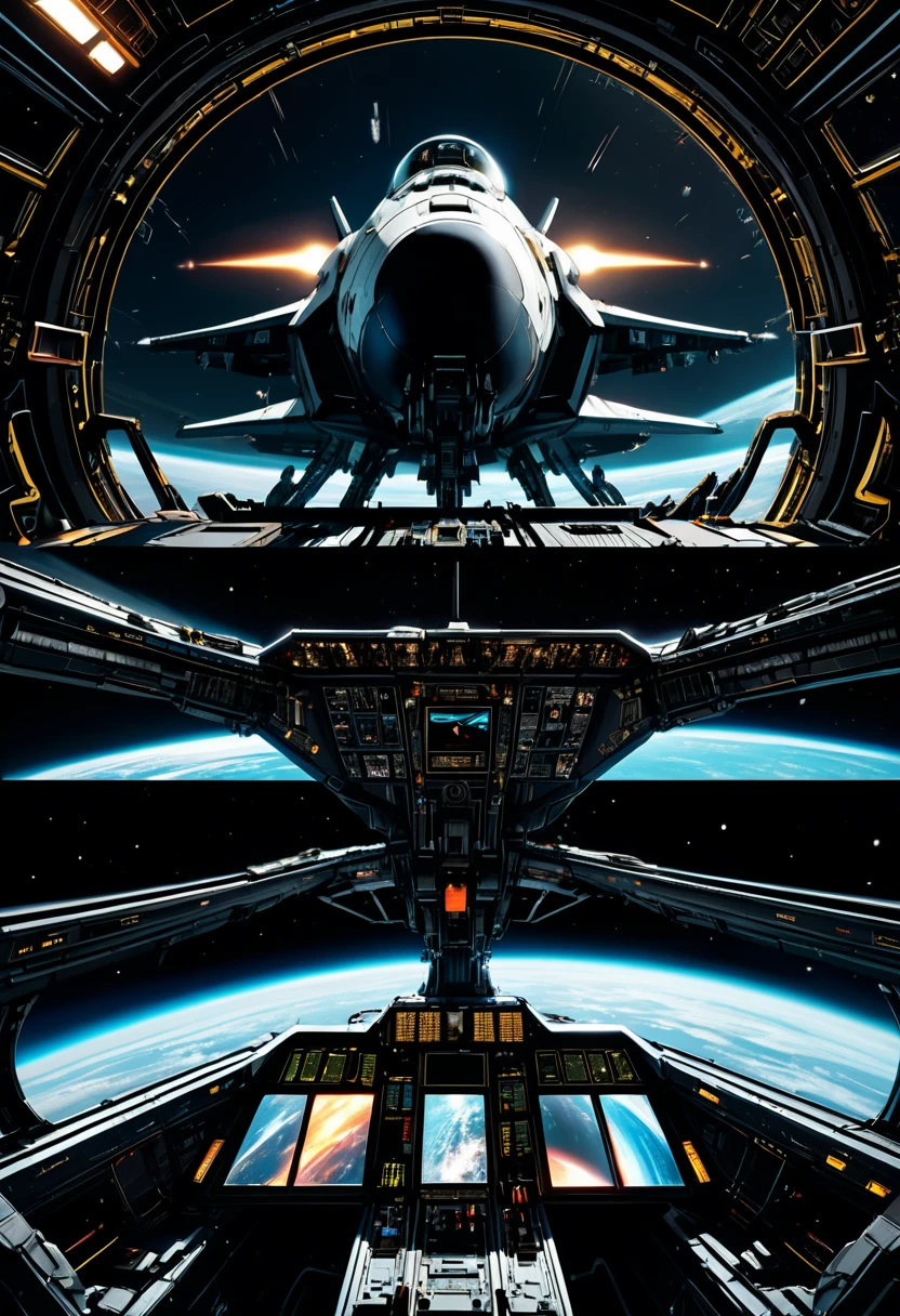 (Space War), sci-fi style, two massive interstellar fleets fiercely engage in a firefight on the planet's orbit, with laser beams and explosions piercing through the dark space. The exploding flames reflect the details of the battleship's steel shell, with a background of starry sky and planets, (panoramic view), award-winning, cinematic still, emotional, vignette, dynamic, vivid, (masterpiece, best quality, Professional, perfect composition, very aesthetic, absurdres, ultra-detailed, intricate details:1.3)