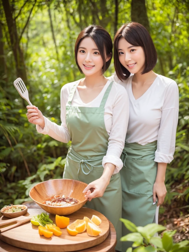 Two gentle and virtuous Chinese、Singapore、Japanese super beauty、short hair、Cooking in the forest,There is a stream next to it,Wearing an orange apron,Wear a V-neck long-sleeved T-shirt inside,Holding up the spatula,Cooking,Beautiful woman showing charming smile、White Teeth,Makes women and men like it very much,Big breasts、Double eyelids,Focus、Ultra high definition,Proportionate body,Fair skin,Perfect shape of every body part,Require flawless work