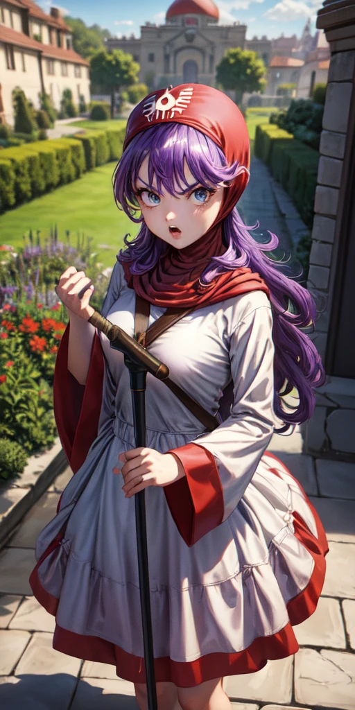 masterpiece, best quality, dqPom, red hood, purple hair, robe, cowboy shot, standing, holding staff, sky, garden, looking at viewer, from below, angry