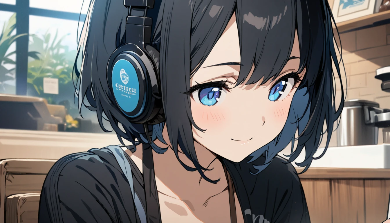 1girl, solo, gentle smile on her face flat chest, short hair, black hair, upper body, with blue eyes (detailed blue eyes)((masterpiece, illustration, best quality)) ((best quality)) In a beach coffee shop with her headphones on