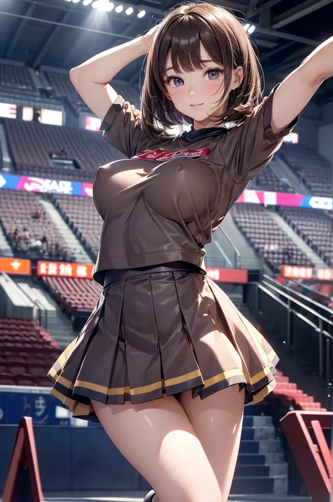 Absurd, Super detailedな,(In 8K:1.3),Masseter muscle area,(masterpiece:1.2)、(Highest quality)、4K、Super detailed、(Movement Structure:1.4)、(Shining Lights、Atmosphere lighting), High resolution, Best Quality、(One girl:1.4),Super detailedな,Bright colors、Treebreak Production Art、(Warm color light source:1.2),High-level image quality、Fine image quality、Intricate details,Volumetric Lighting,Realism BREAK、Profile、 Idol face、、Very beautiful face and eyes, Beautiful images、natural make up、 big eyes, (Big Tits:1.2)、(Breast bag:1.2)、(glossy skin :1.5)、(Baby Face:1.ding , raise one leg/leg up:1.5)、Plump thighs、 (Stadium:1.2) 、(brown hair,a short bob:1.2)、 (((wearing cheerleader costume)))、light smile