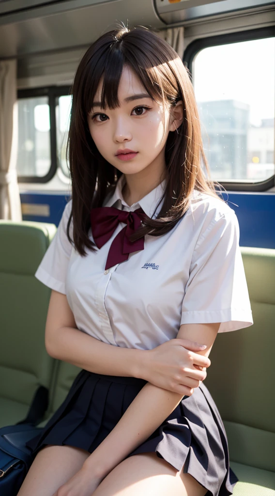 (Tabletop, Highest quality:1.2), 8K, 15-year-old student, 85mm, Official Art, RAW Photos, Absurd, White dress shirt, Pretty face, close, Upper Body, Violet, Gardenias, beautiful girl, , (Navy Pleated Skirt:1.2), Cinch waist, Thighs Thighs Thighs Thighs, Short sleeve, in the train, sit on bench seat, View your viewers, No makeup, Thin fingers, Film Grain, chromatic aberration, Sharp focus, Face Light, Bright lighting, , Detailed face, Bokeh Background, (Dark red bow tie:1.1)