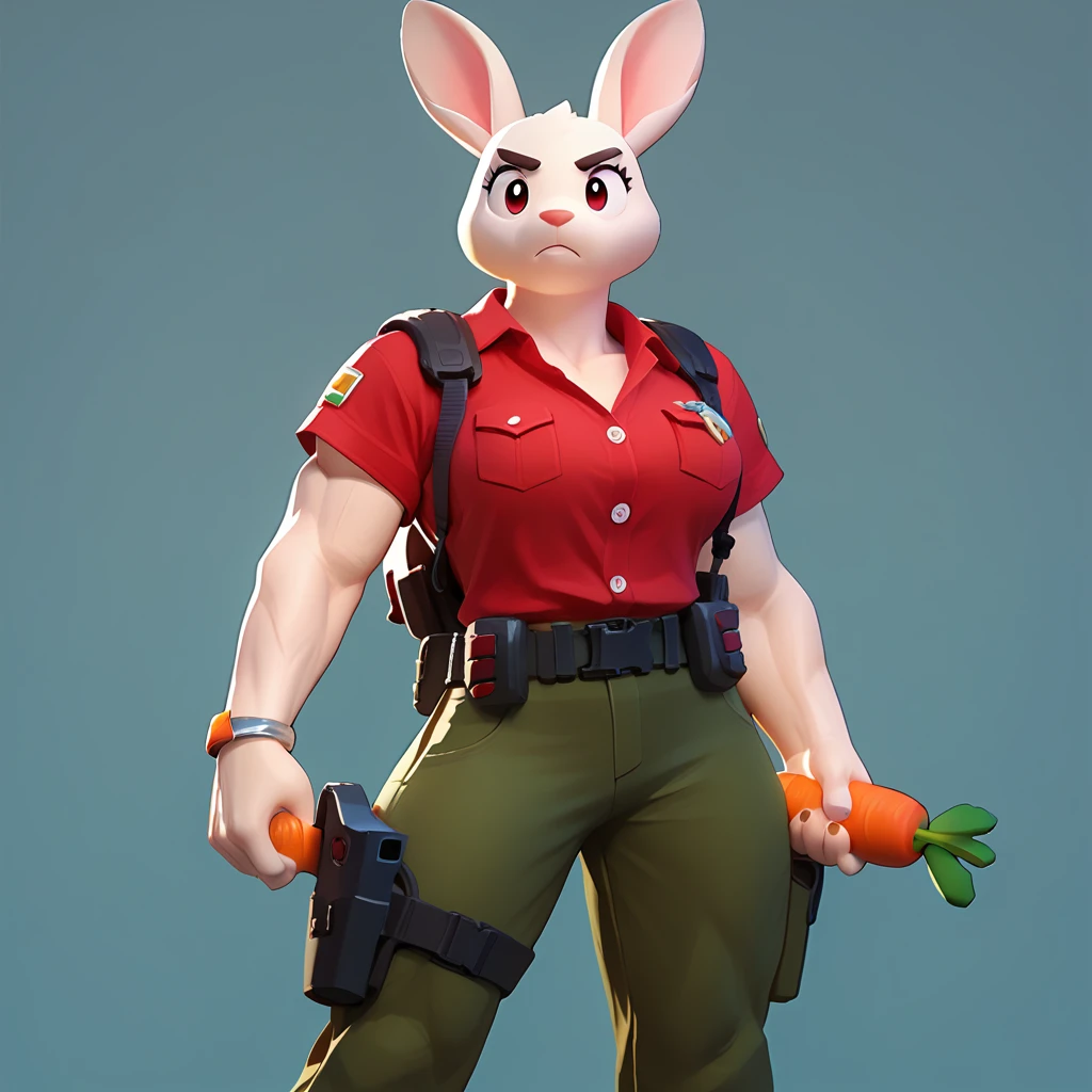 an anthropomorph carrot, in combat gear, military pants, muscular, bracelet with red button on the right hand