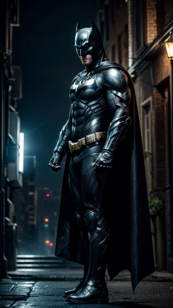 Masterpiece, best quality, NVIDIA RTX, sharp picture, ultra details, cinematic lightning, cybernetic batman:1.3, luminous, perfect face details, proportional body, facial hair, cape blown by strong winds:1.3, side view, ((full body)), epic lights reflections, night, dark alley, fogs