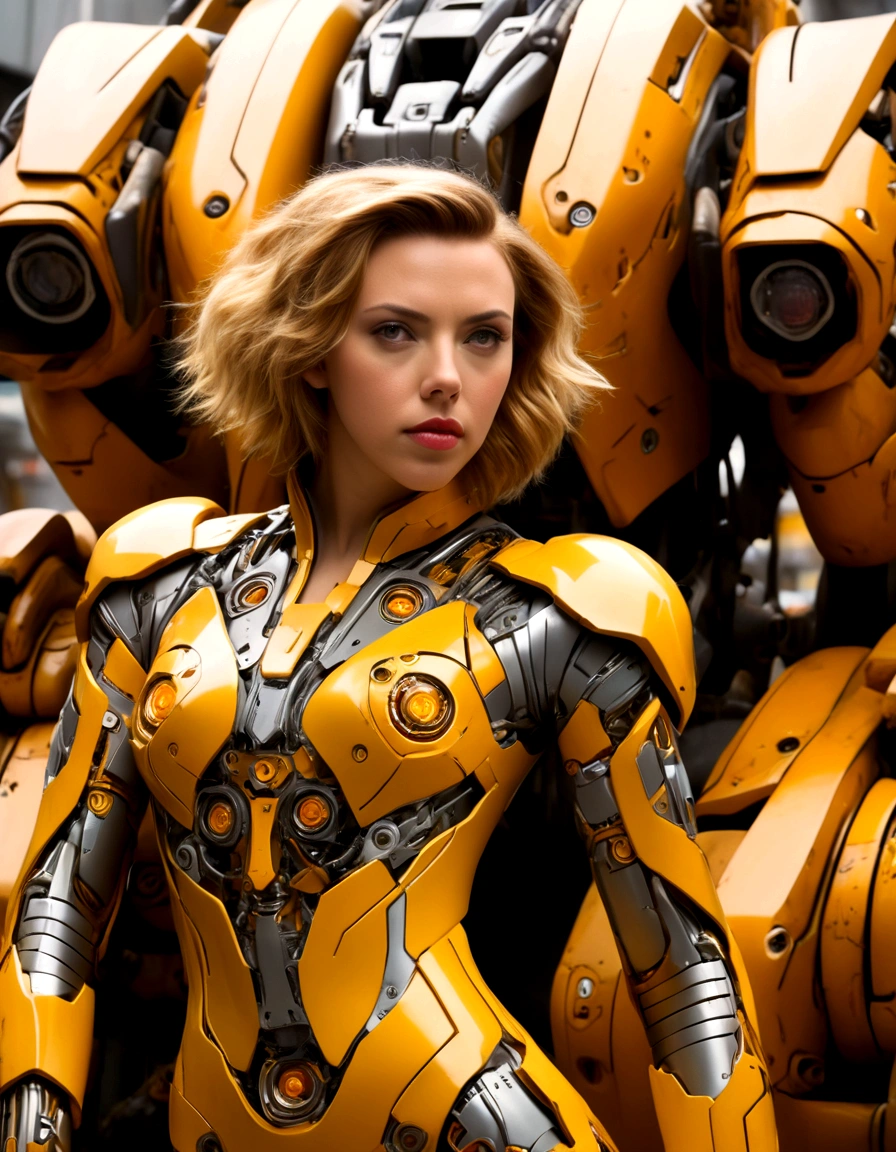 A beautiful young woman (Scarlett Johansson, age 25, Dressed appropriate to the scene) is a mecha pilot wearing an electronic sexy skinsuit, she is posing leaning against the leg of her large mecha (Labor unit, yellow and orange paint scheme, retractable tools), set in downtown future Tokyo