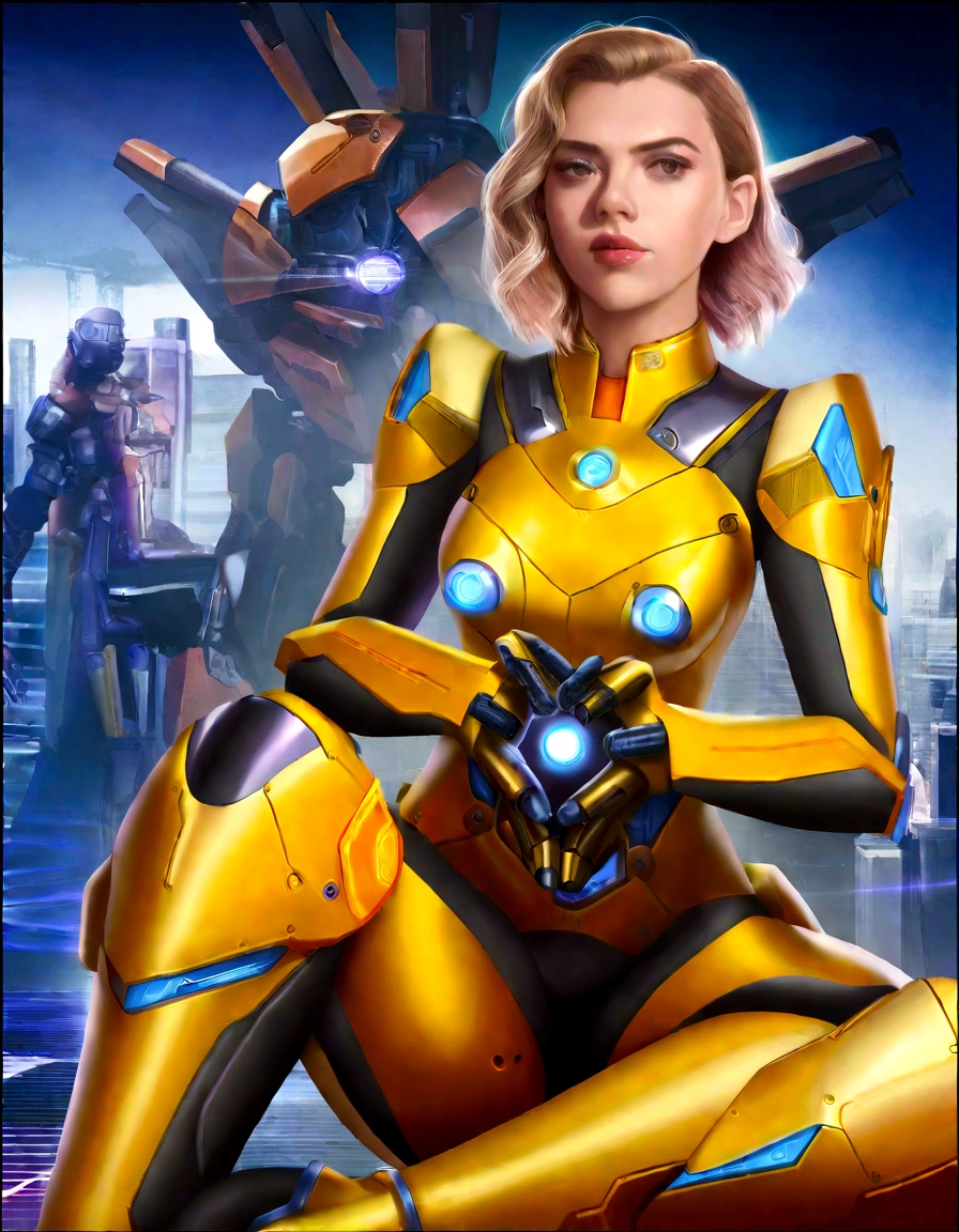 A beautiful young woman (Scarlett Johansson, age 25, Dressed appropriate to the scene) is a mecha pilot wearing an electronic sexy skinsuit, she is posing leaning against the leg of her large mecha (Labor unit, yellow and orange paint scheme, retractable tools), set in downtown future Tokyo