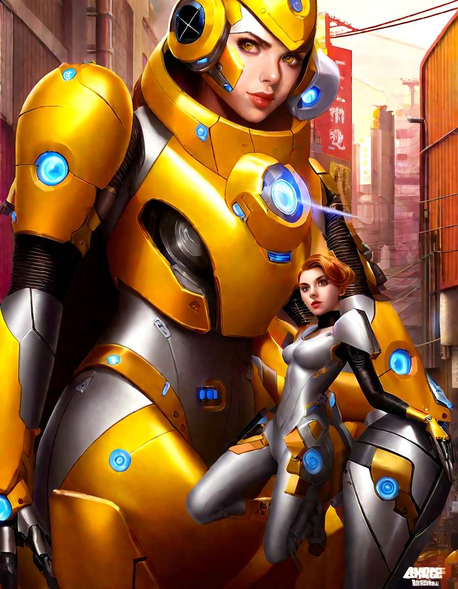 A beautiful young woman (Scarlett Johansson, age 25, Dressed appropriate to the scene) is a mecha pilot wearing an electronic sexy skinsuit, she is posing leaning against the leg of her large mecha (Labor unit, yellow and orange paint scheme, retractable tools), set in downtown future Tokyo