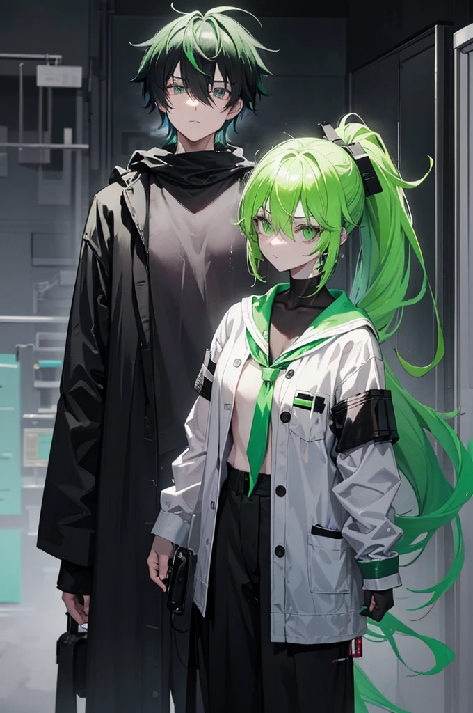 fluorescent green hair, Very short ponytail tied down , black eye, severe dark circles , droopy eyes , hospital patient clothes, psychopath , experiment , experiment체 ,Timid , dependent , heartless , night background , dark , Hikikomori , genderless , masculine , boy , man , Man , man 캐릭터