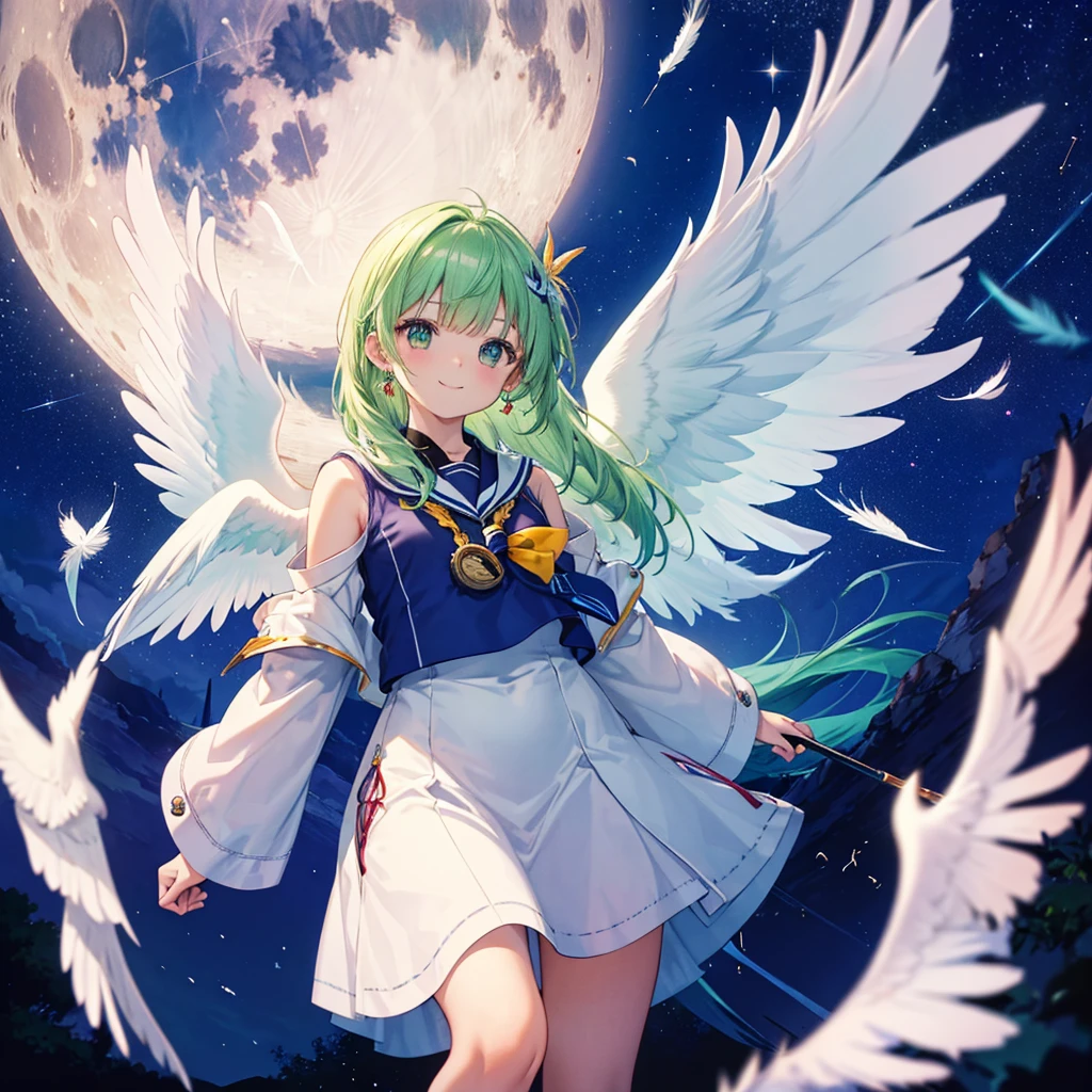 (((Archangel))) ((fluffy feathers smile Big feather)),((White Dove Big full moon)),(End of the Galaxy shooting star Drop shoulder Sailor suit Shiny Earrings Green Hair Long Hair), Shining Edge Shining Background