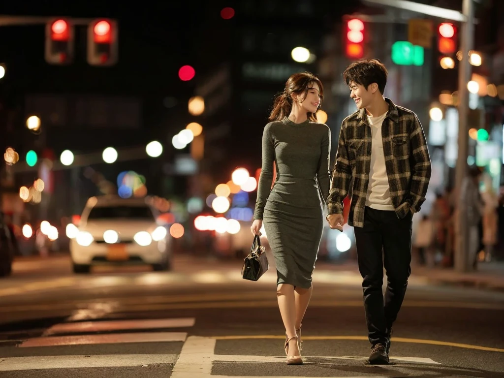 A striking, ultra-detailed image of a young Korean couple strolling hand-in-hand on a bustling night street. The man is dressed in a cozy flannel shirt,

while the woman is clad in a stylish, form-fitting dress. The city lights and traffic signals illuminate their surroundings, casting a warm, inviting glow. The couple's expressions convey a deep connection and passion, as they share a tender moment in the vibrant urban setting.

