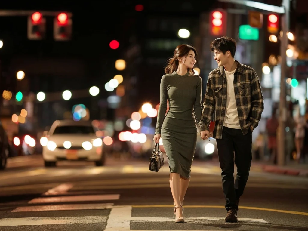 A striking, ultra-detailed image of a young Korean couple strolling hand-in-hand on a bustling night street. The man is dressed in a cozy flannel shirt,
while the woman is clad in a stylish, form-fitting dress. The city lights and traffic signals illuminate their surroundings, casting a warm, inviting glow. The couple's expressions convey a deep connection and passion, as they share a tender moment in the vibrant urban setting.
