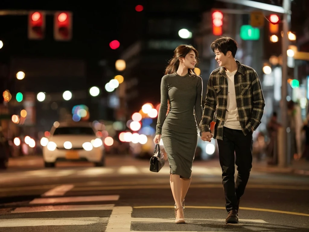 A striking, ultra-detailed image of a young Korean couple strolling hand-in-hand on a bustling night street. The man is dressed in a cozy flannel shirt,

while the woman is clad in a stylish, form-fitting dress. The city lights and traffic signals illuminate their surroundings, casting a warm, inviting glow. The couple's expressions convey a deep connection and passion, as they share a tender moment in the vibrant urban setting.

