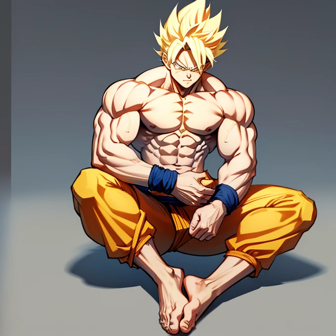 A detailed anime-style drawing of Son Goku as a Super Saiyan. blond hair, Big muscles, Bodybuilder body, Bare torso, barefoot, sole of the foot, Toes. tense biceps, torn pants, Muscle legs, Calf muscles,  dynamic fighting pose, big muscles, muscles flexing, bear hug 