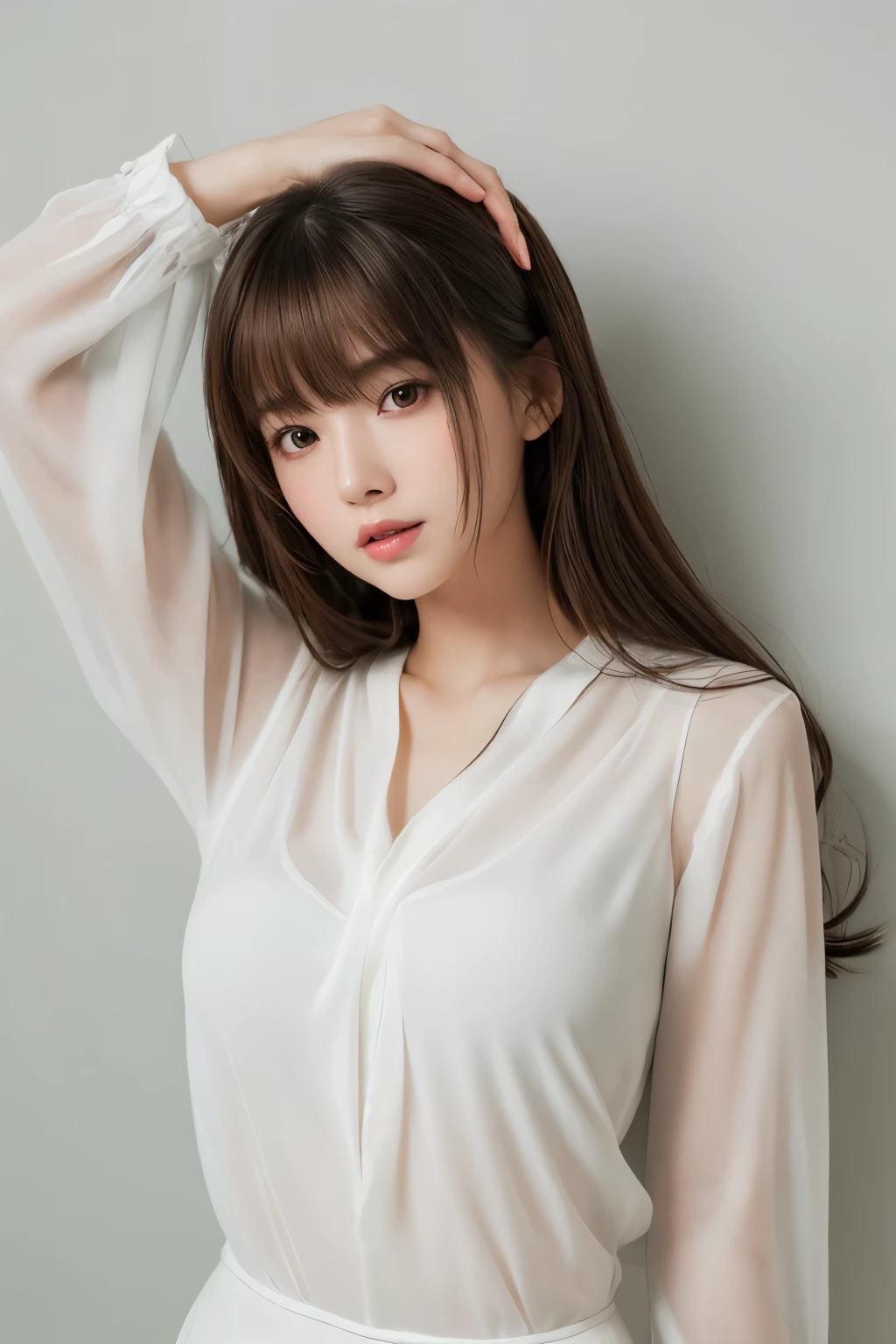 (NSFW)、(masterpiece、Highest quality:1.4)、 (8K resolution、Ultra-high resolution:1.2)、Detailed depiction face、Eye for detailed depiction、Detailed skin、Detailed hair、Glowing Skin、One girl,Detail and beauty that cannot be captured in reality:1.3、 Elegant and perfect figure、18-year-old、Beautiful Bangs、Highly detailed hair、Bright photography lighting,White wall background,Background Blur,Photo from the front of the woman、Facing forward、upright,Put your hands down,(whole body:1.5),,,,, (Break Blouse:1.2)
