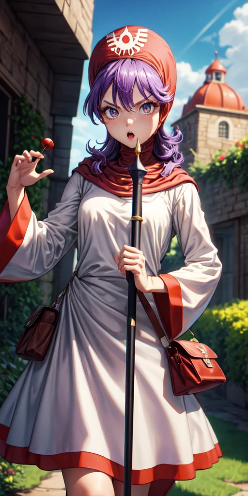 masterpiece, best quality, dqPom, red hood, purple hair, robe, cowboy shot, standing, holding staff, sky, garden, looking at viewer, from below, angry