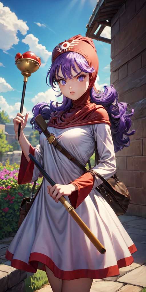 masterpiece, best quality, dqPom, red hood, purple hair, robe, cowboy shot, standing, holding staff, sky, garden, looking at viewer, from below, angry 