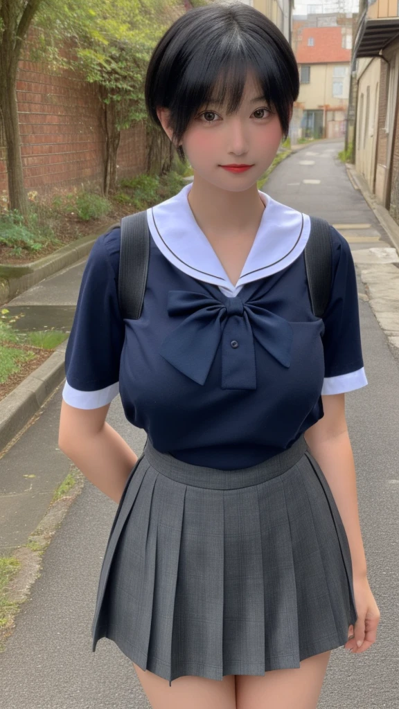 masterpiece、Highest quality、Adult Female 1、Komoshuai、Ultra-detailed　Black-haired、short hair　Schoolgirl Uniform、Skirt　Big ample breasts、Soft thighs、background、alley