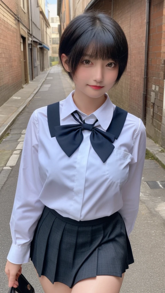 masterpiece、Highest quality、Adult Female 1、Komoshuai、Ultra-detailed　Black-haired、short hair　Schoolgirl Uniform、Skirt　Big ample breasts、Soft thighs、background、alley
