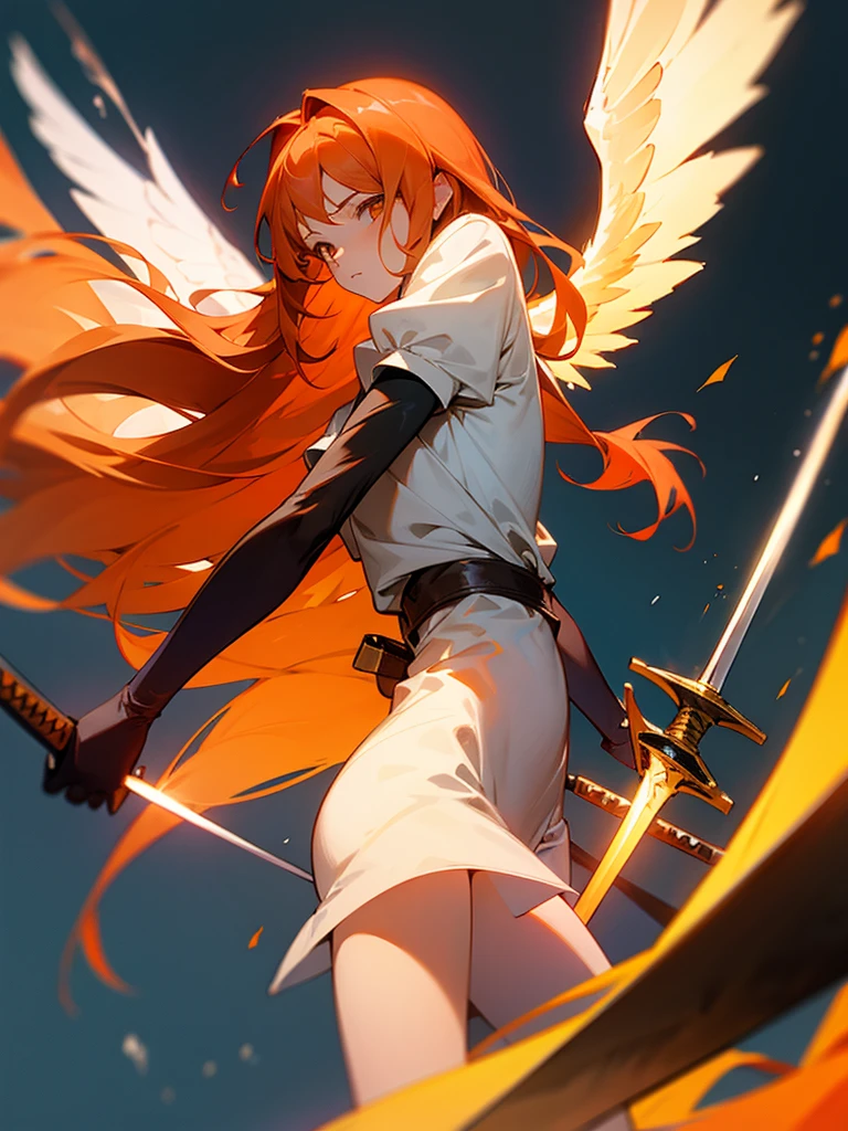 Girl, long hair, orange hair, Phoenix, angel wings, holding sword and Shield, calm face