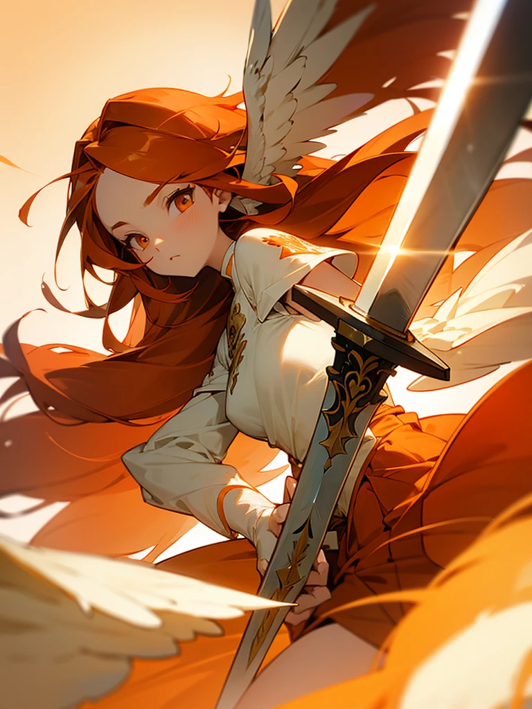 Girl, long hair, orange hair, Phoenix, angel wings, holding sword and Shield, calm face