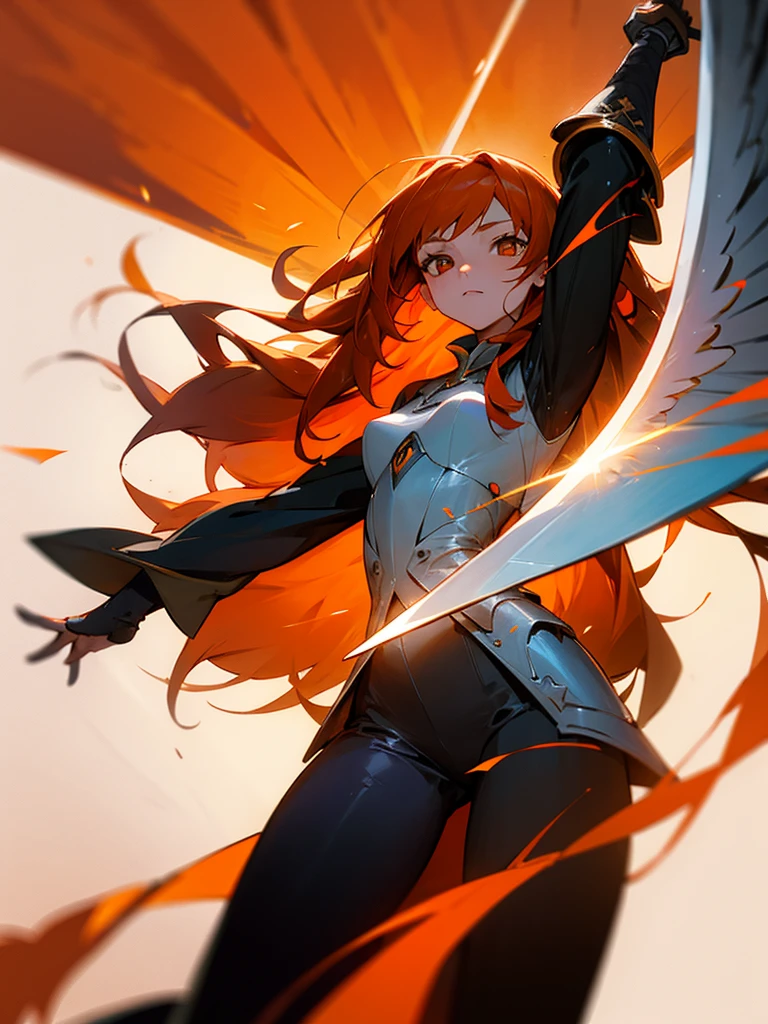 Girl, long hair, orange hair, Phoenix, angel wings, holding sword and Shield, calm face