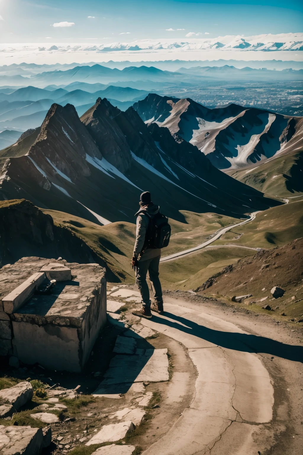 A man thinking on top of a mountain, overlooking a large post-apocalyptic city