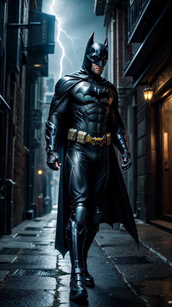 Masterpiece, best quality, NVIDIA RTX, sharp picture, ultra details, cinematic lightning, cybernetic batman:1.3, luminous, perfect face details, proportional body, facial hair, cape blown by strong winds:1.3, side view, ((full body)), epic lights reflections, night, dark alley, fogs
