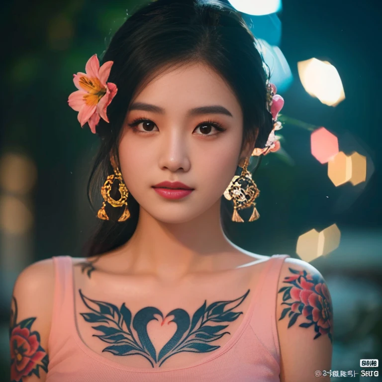 Araaf woman with a tattoo on her chest and flowers in her hair, Portrait, of Taiwanese girls with tattoos, Shot with Canon EOS R5, Shot with Canon EOS R5, Shot with a Nikon z9 camera., shot with canon eoa 6 d mark ii, ถ่ายด้วย canon eos 5 d mark iv, 1 3 5 mm. Portraitของ Nikon