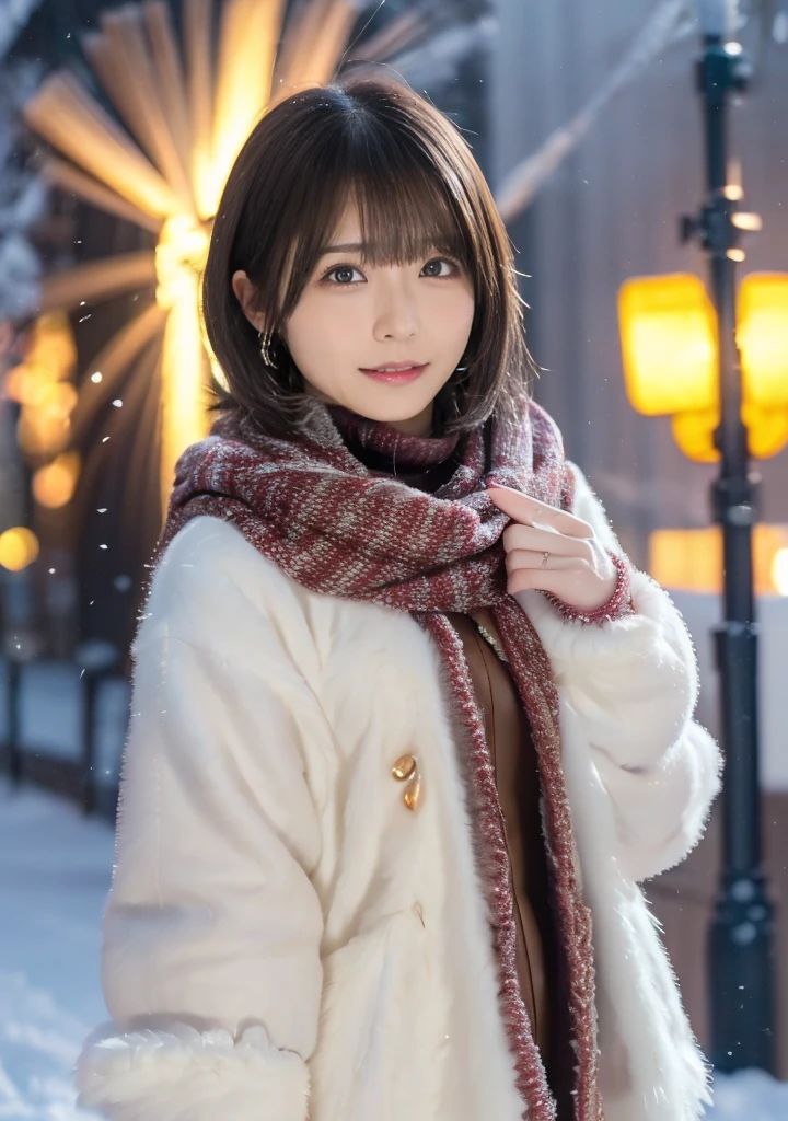 Holding a fluffy brown baby rabbit、Photo from the waist up、Night city illumination shot、Cowgirl Shot、Fur coat、豪華なグレーのミンクのFur coat、Wear fine leather boots、Luxury Bags、Inner turtleneck、Silver necklace and small silver earrings Millionaire style:1.4))、Full body photo、smile、 Caustics、Highly detailed photos、Very beautiful woman 、Ample breasts、No makeup、(8K、RAW Photos、Highest quality、masterpiece:1.2)、(Realistic、Realistic)、1 Girl、((Medium Short Hair、Midwinter、Cold region Snow falling、The wind is blowing、Fluttering Hair、Blur the background、Colorful illuminations、Looking into the camera:1.4))、