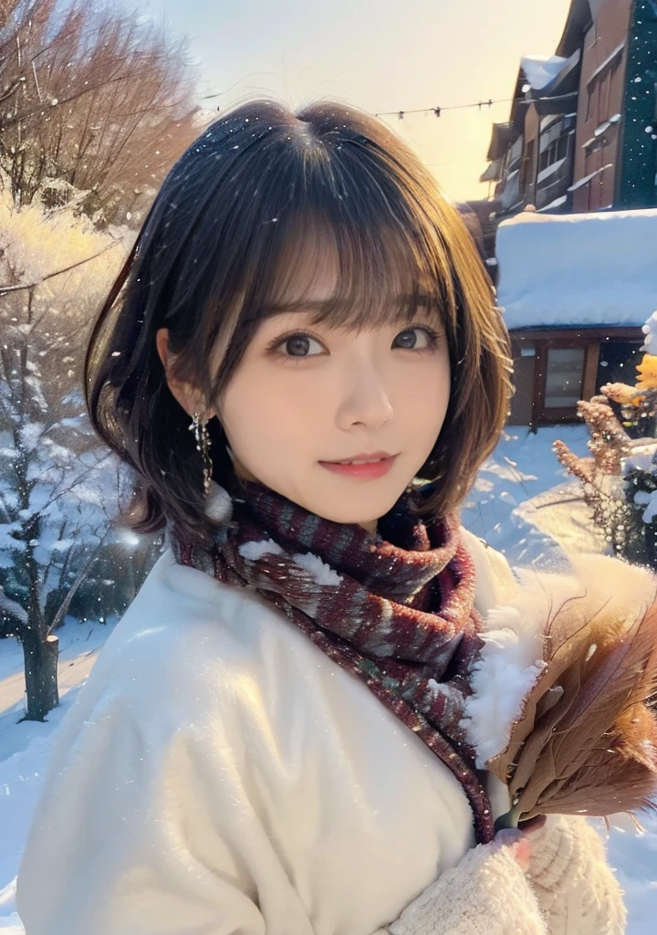 Holding a fluffy brown rabbit、Photo from the waist up、Night city illumination shot、Cowgirl Shot、Fur coat、豪華なグレーのミンクのFur coat、Wear fine leather boots、Luxury Bags、Inner turtleneck、Silver necklace and small silver earrings Millionaire style:1.4))、Full body photo、smile、 Caustics、Highly detailed photos、Very beautiful woman 、Ample breasts、No makeup、(8K、RAW Photos、Highest quality、masterpiece:1.2)、(Realistic、Realistic)、1 Girl、((Medium Short Hair、Midwinter、Cold region Snow falling、The wind is blowing、Fluttering Hair、Blur the background、Colorful illuminations、Looking into the camera:1.4))、