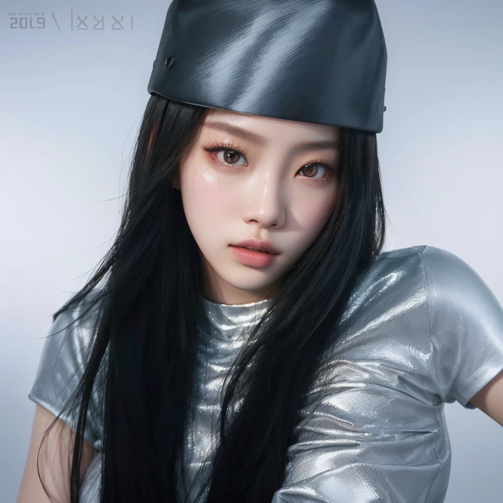 arafed woman with long hair wearing a silver top and a hat, inspired by Yanjun Cheng, portrait jisoo blackpink, realistic. cheng yi, artwork in the style of guweiz, portrait of jossi of blackpink, ig model | artgerm, photorealistic artstyle, inspired by Russell Dongjun Lu, glossy digital painting, yanjun chengt , , blackpink jennie , blackpink Lisa , asian famale face , cute girl , Korean famale