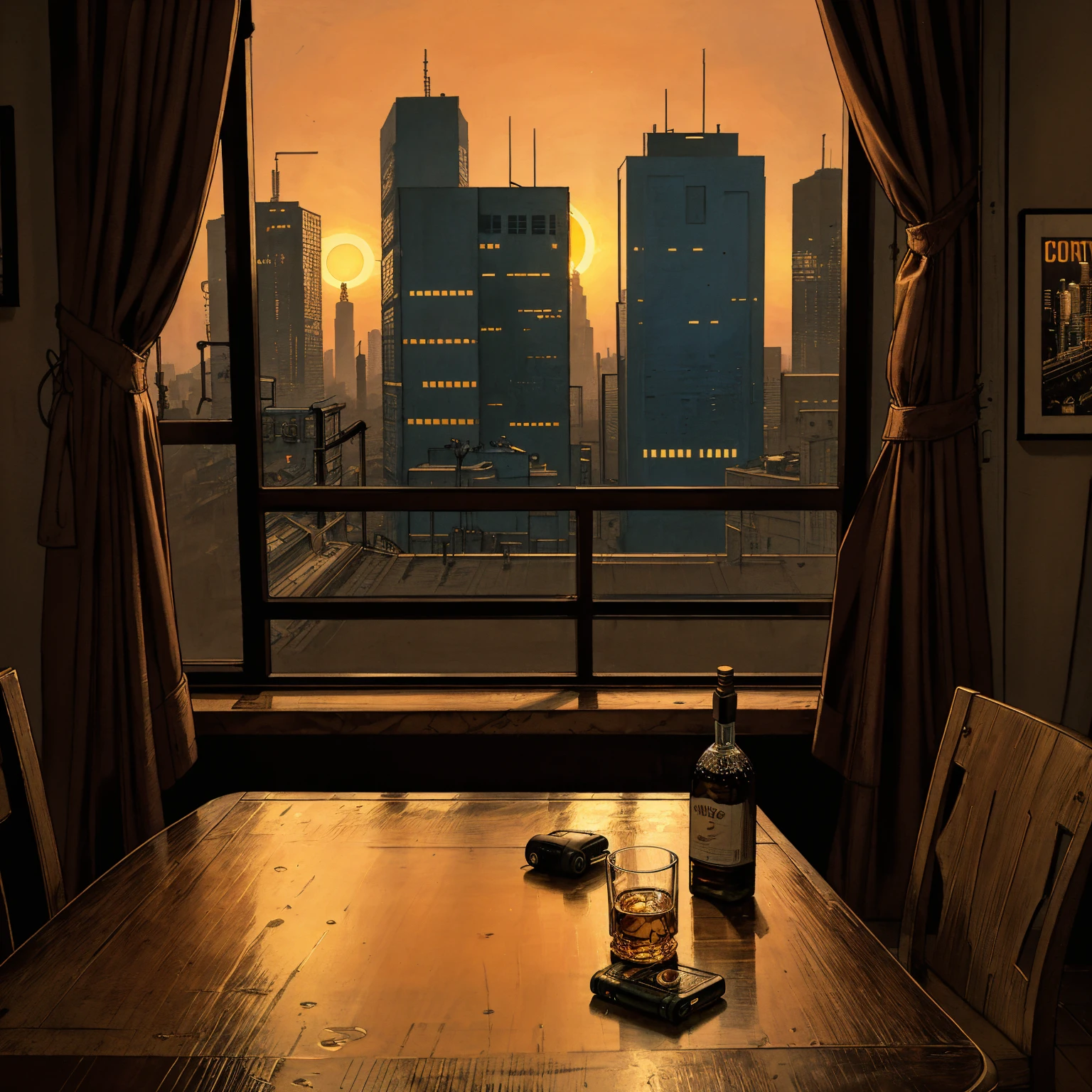 (masterpiece), (cyberpunk living room), (indoor), (window), (sunset), (cyberpunk city), (realistic illustration), (cinematic), (looking out the window), (one liquor bottle), (one whiskey glass on table), (a blue headphone on table)