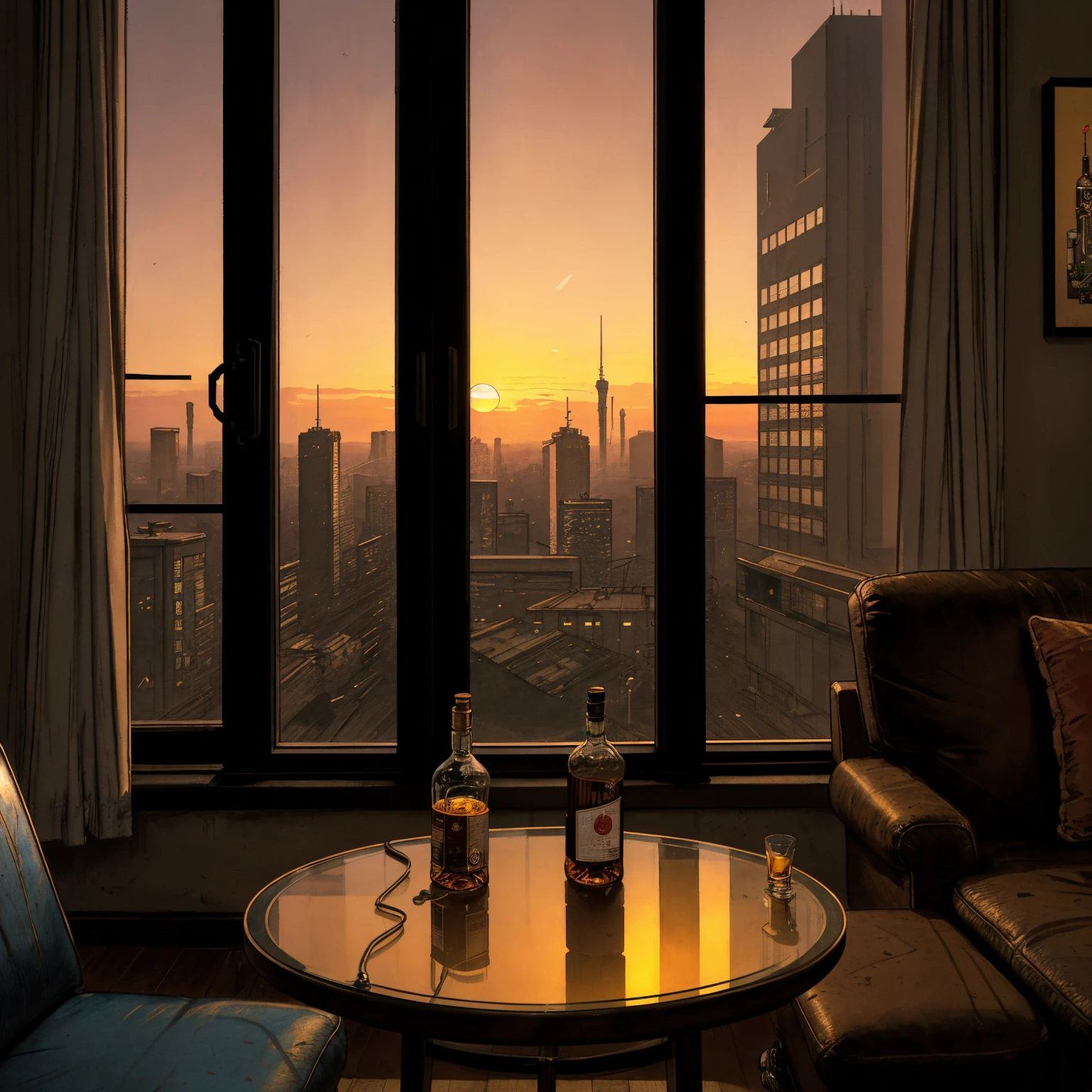 (masterpiece), (cyberpunk living room), (indoor), (window), (sunset), (cyberpunk city), (realistic illustration), (cinematic), (looking out the window), (one liquor bottle),  (one whiskey glass on table), (a blue headphone on table)