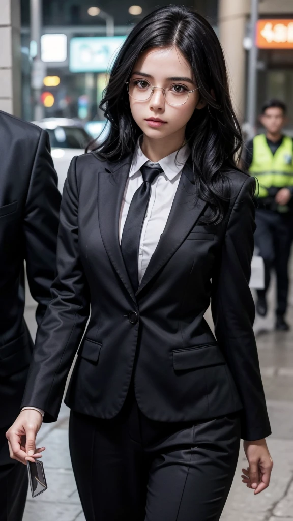 Brazilian female character with medium and wavy black hair, who wears formal clothes, criminal forensics work and round glasses, thin and