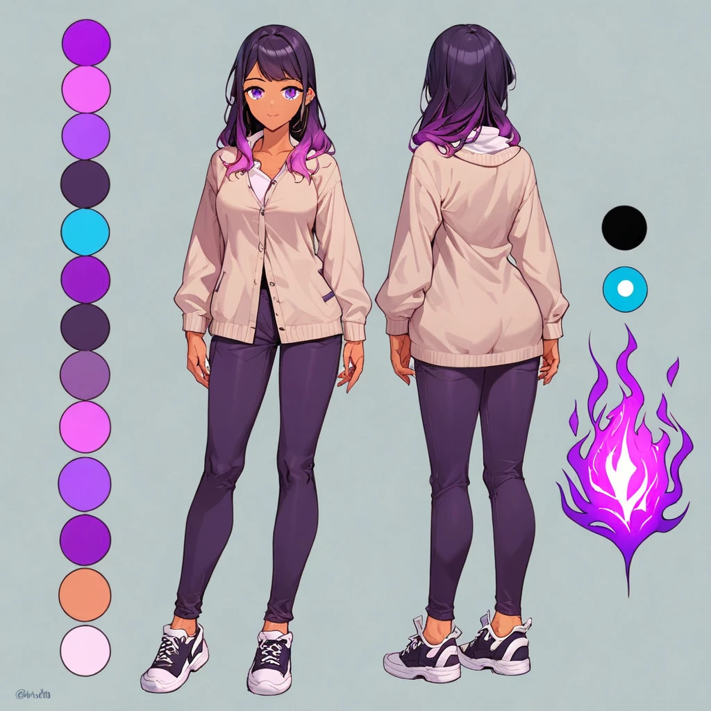 score_9, score_8_up, score_7_up, score_6_up, score_5_up, score_4_up, BREAK source_anime, 1girl, Gradient hair, Purple aura, plum, Creative design, full body, Reference sheet, Character sheet