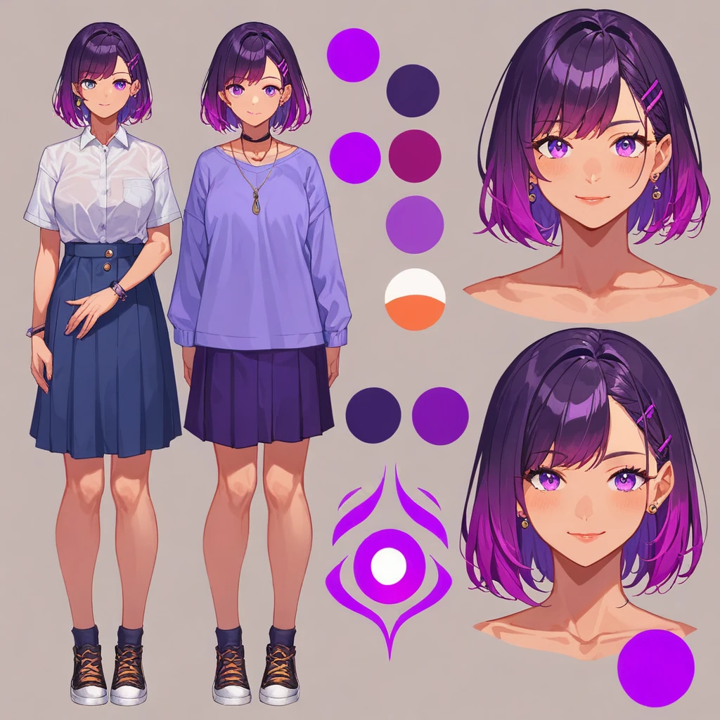 score_9, score_8_up, score_7_up, score_6_up, score_5_up, score_4_up, BREAK source_anime, 1girl, Gradient hair, Purple aura, plum, Creative design, full body, Reference sheet, Character sheet