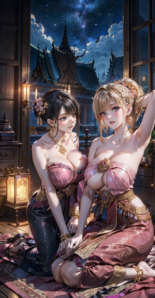 Group of 5 princesses,(5 young women,many young women), (in the bedroom), Various hair styles, harem, Wearing a strapless Thai dress.., at night, detailed face, chestใหญ่, short skirt, mule, Sleeveless , Show your armpits, at night, starry at night, (((2 young women))),chestใหญ่,โชว์chest,The crevice is clear.,((big tits)), (((chestที่มองเห็นได้, โชว์chestของคุณ, เปิดchest,Show your nipples))),(((chest,bare breast:1.37))), I see bulging nipples,(((large areolae:1.4,pink,The nipples are clearly visible...))),