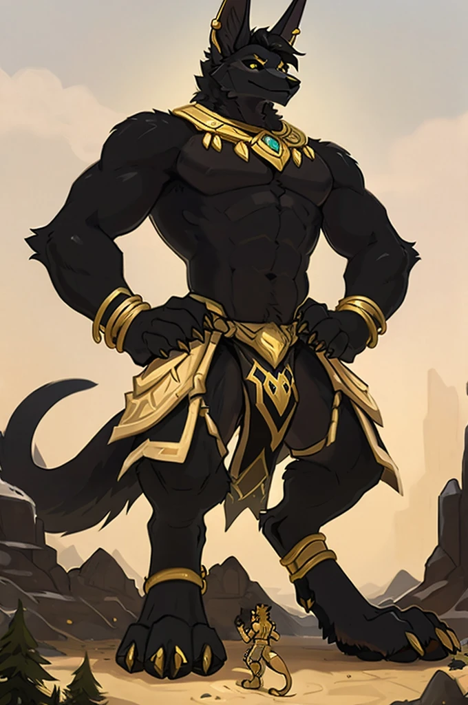 birds-eye view, macro furry,anthro,
Jackal, jackal ears,jackal tail, dark black fur, short wavy hair, hair covering one eye, black sclera, gold pupil, pawpads, gold pawpads, tall, handsome, sexy, slim, twink, femboy, standing over a tiny continent on earth, looking down at ground, hands on hips,
wearing black loin cloth with a gigantic bulge, gold jewelry, gold anklets,
sunny day, giant attacking tiny continent, giga-sized character, size difference, macro, macro furry, digitigrade, digitigrade stance,