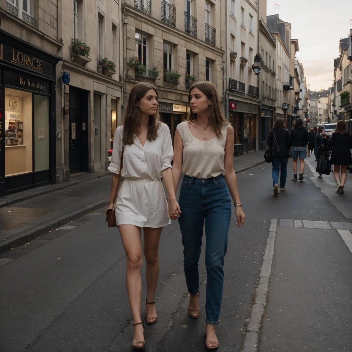 Lucie dans les rue le soir, holding hand, large poitrine