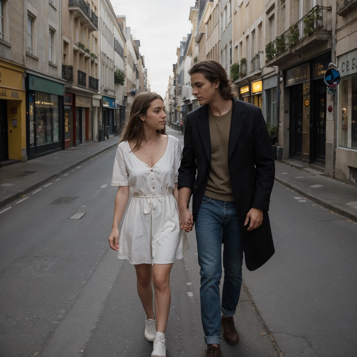 Lucie dans les rue le soir, holding hand, large poitrine