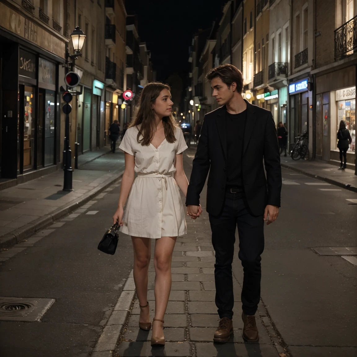 Lucie dans les rue le soir, holding hand, large poitrine