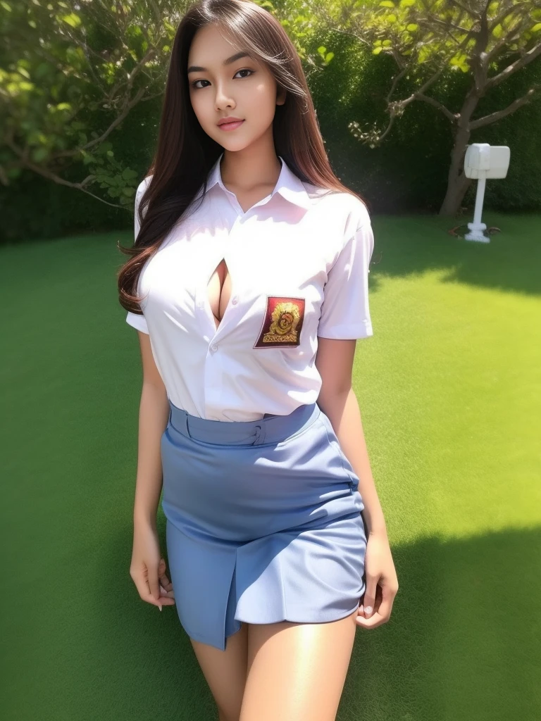 Indonesia, Ariel Tatum, 1girl, (highschool uniform), standing, outdoors, detailed face, detailed eyes, huge breasts, shiny skin, indonesian face, looking at the audience,(8k, RAW photo, best quality, masterpiece: 1.2), (realistic, realistic: 1.37), ultra-high resolution
